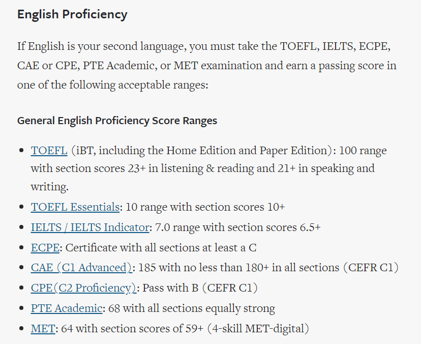 加州理工、康奈尔多邻国最低要求130分，附美国TOP30综合性大学语言类考试政策！